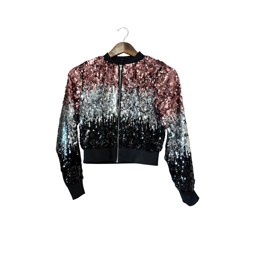 H&M Sequin Bomber Jacket Kids 11-12Y Rose Gold Silver Black Excellent Ombre